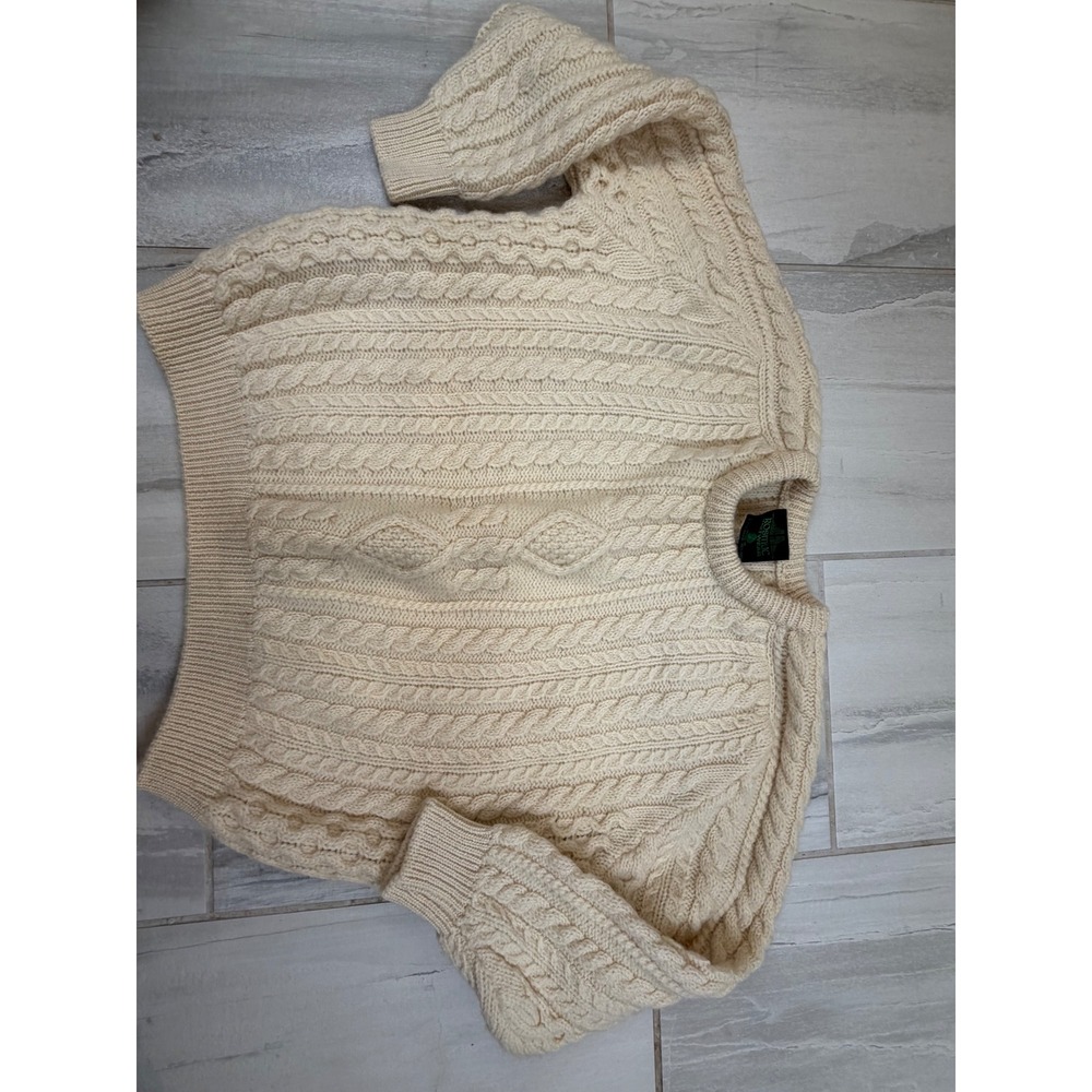 Rosmuc Knitwear Aran Cable Knit Wool Sweater Cream Made in Ireland Mens Large